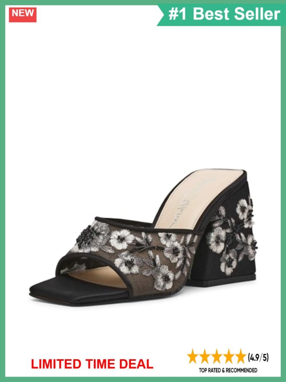 Floral Beaded Mesh Slip-On Block Heel Mule Sandals